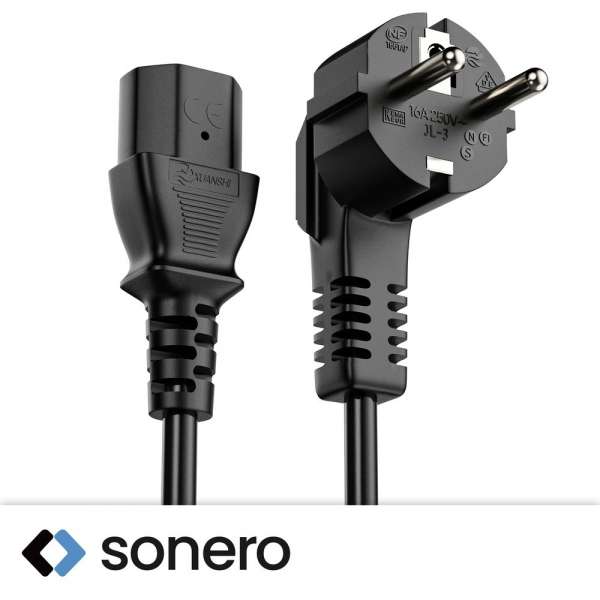Netzkabel - Schutzkontakt Stecker 90° auf IEC Buchse (C13) gerade. Schwarz. 1,00m