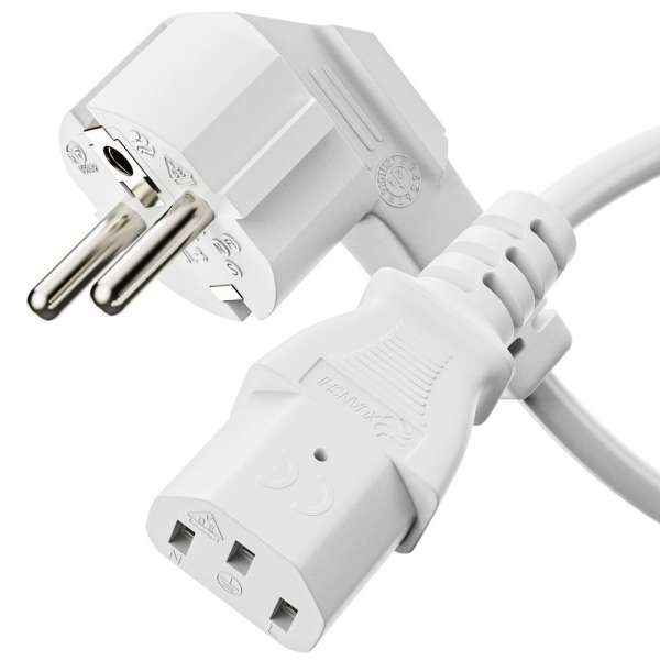 Netzkabel - Schutzkontakt Stecker 90° auf IEC Buchse (C13) gerade. Weiß. 20,0m