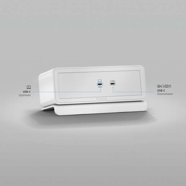 mediahub2 - USB-C Docking Station, freistehend, Tischmodell - weißes Gehäuse und matt-weiße Module.