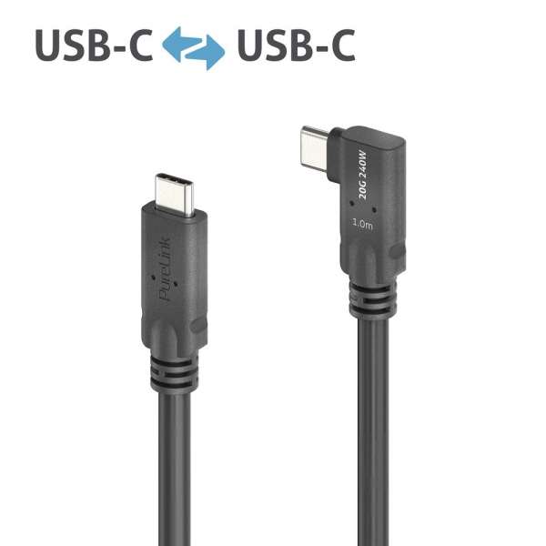 USB-C auf 90° USB-C Kabel (links/rechts) mit E-marker USB4 Gen2x2 20Gbps, 240W - PureInstall 1.00m