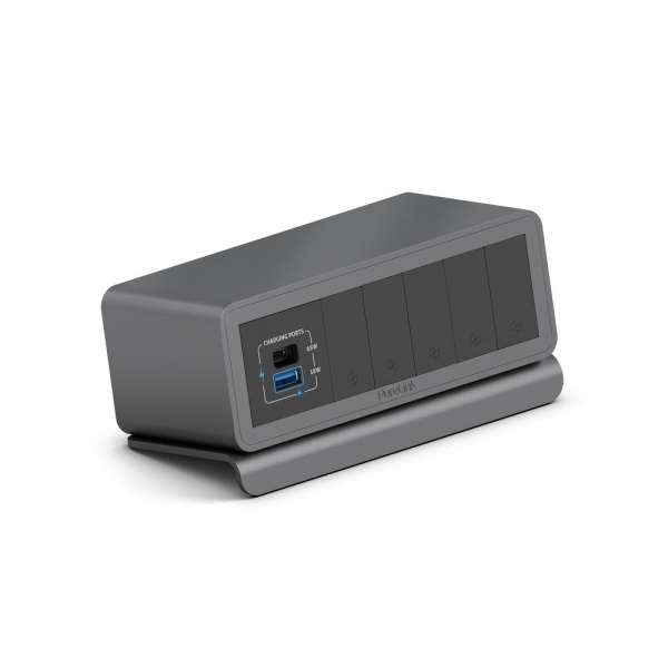 mediahub2 - 7 -Slot, freistehend, On-Table Design - space-grey Gehäuse und mattschwarze Module. 65W PD-Modul + 5 Leerplätze. Buchse - Keine AC-Buchse. Stecker - Wieland GST18