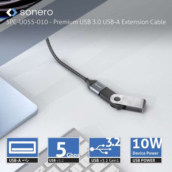 sonero USB 3.0 Kabel - A/A Verlängerung - Aluminium - space grey/schwarz - 0,50m