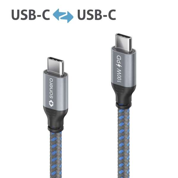USB-C auf USB-C Ladekabel - USB 2.0, 100W PD - grau/blau - 3,00m
