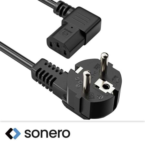 Netzkabel - Schutzkontakt Stecker 90° auf IEC Buchse (C13) 90° rechts abgewinkelt. Schwarz. 1,00m