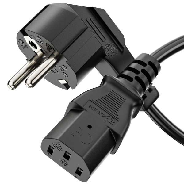Netzkabel - Schutzkontakt Stecker 90° auf IEC Buchse (C13) gerade. Schwarz. 1,00m