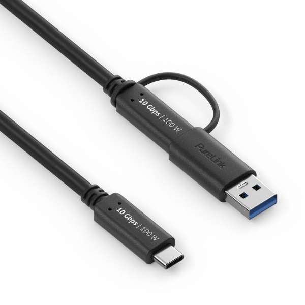 USB-C auf USB-C Kabel mit USB-A Aufsatz - 3.2 Gen 2x1, 5A, 10G, DP Alt Mode - iSerie - schwarz - 0,50m