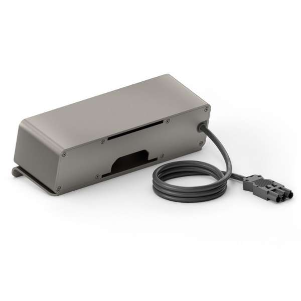 mediahub2 - 10 -Slot, freistehend, On-Table Design - space-grey Gehäuse und mattschwarze Module. 2 Steckdosen + 65W PD-Modul + 4 Leerplätze. Buchse - DE. Stecker - Wieland GST18