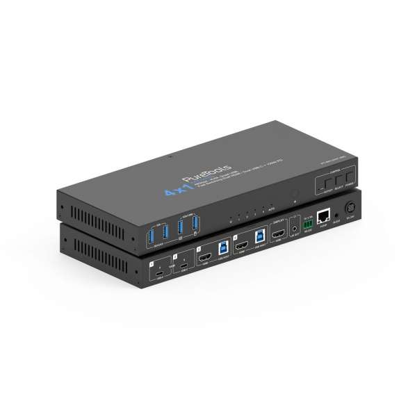 PureTools - 4x1 HDMI 2.1 KVM Switch - 48Gbps - KVM, Quad USB, schnelles Switchen Dual HDMI / Dual USB-C + 100W PD