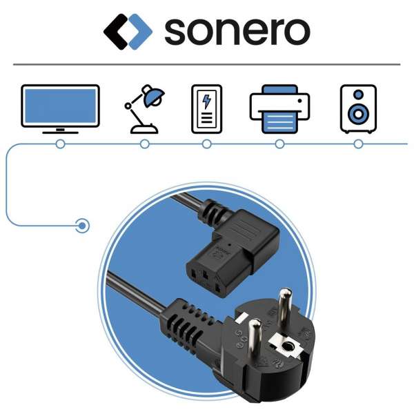Netzkabel - Schutzkontakt Stecker 90° auf IEC Buchse (C13) 90° rechts abgewinkelt. Schwarz. 1,00m