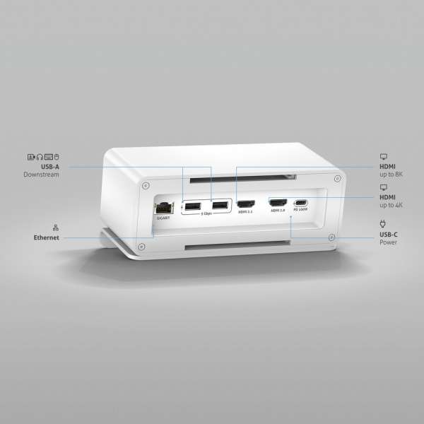 mediahub2 - USB-C Docking Station, freistehend, Tischmodell - weißes Gehäuse und matt-weiße Module.