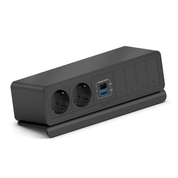 mediahub2 - 10 -Slot, freistehend, On-Table Design - schwarzes Gehäuse und mattschwarze Module. 2 Steckdosen + 65W PD-Modul + 4 Leerplätze. Buchse - DE. Stecker - Wieland GST18