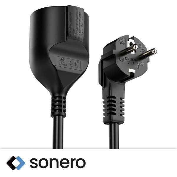 Netzkabel Verlängerung - Schutzkontakt Stecker 90° auf Sicherheits Buchse gerade. Schwarz. 5,00m