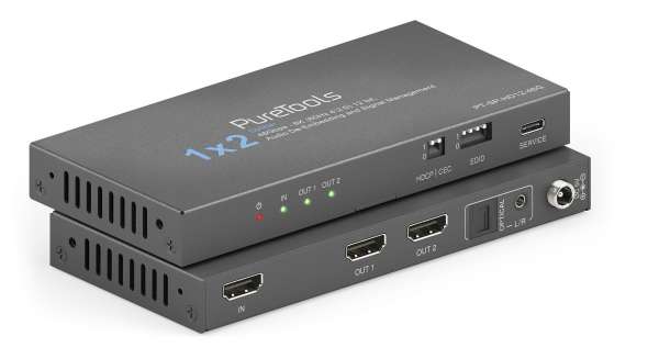 PureTools - 1x2 HDMI2.1 Splitter - 48Gbps - 8K (60Hz 4:2:0) 12 bit, Audio De-Embedding und Signal Management