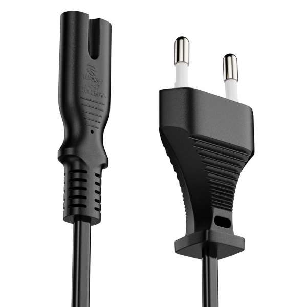 Netzkabel - Euro Stecker gerade auf IEC Buchse (C7) gerade. Schwarz. 2,00m