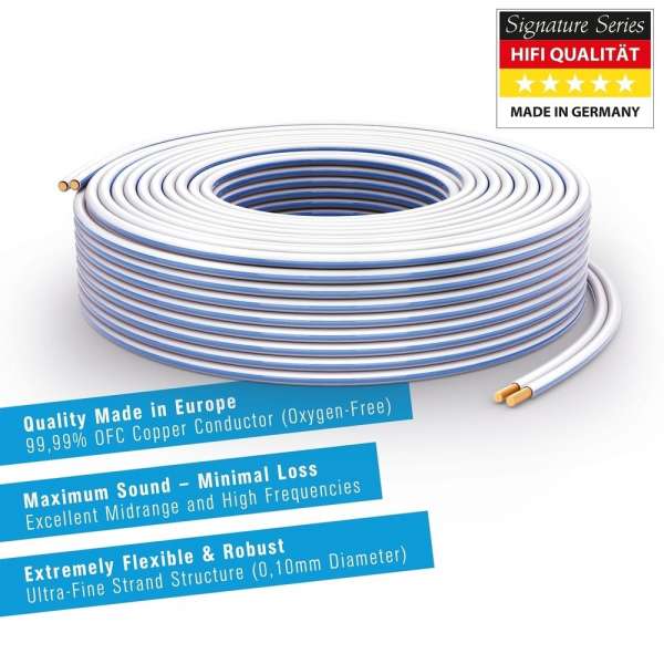 PureLink Lautsprecherkabel OFC 2x1,50mm² (0,10mm), 20,0m, weiß mit blauer Kennlinie