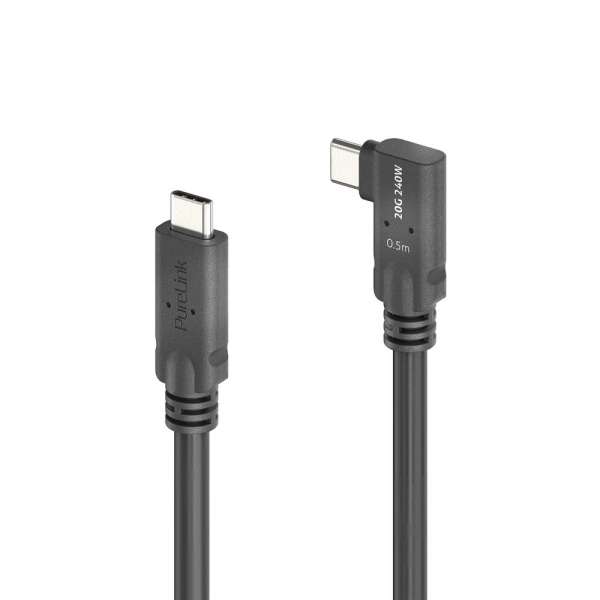 USB-C auf 90° USB-C Kabel (links/rechts) mit E-marker USB4 Gen2x2 20Gbps, 240W - PureInstall 0.50m