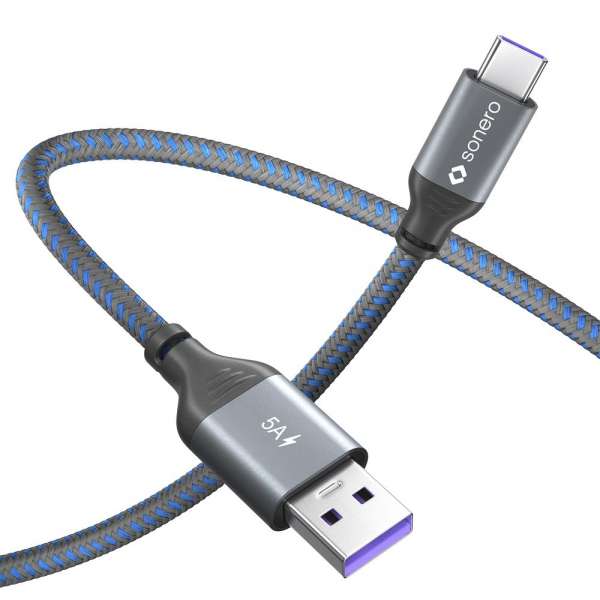 USB-C auf USB-A Ladekabel - USB 2.0, Super-Fast Charge 5V/5A - grau/blau - 0,25m