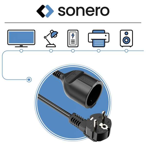Netzkabel Verlängerung - Schutzkontakt Stecker 90° auf Sicherheits Buchse gerade. Schwarz. 5,00m