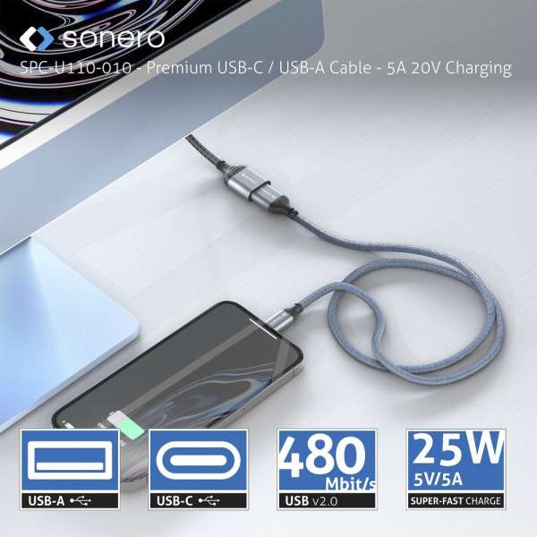 USB-C auf USB-A Ladekabel - USB 2.0, Super-Fast Charge 5V/5A - grau/blau - 0,25m