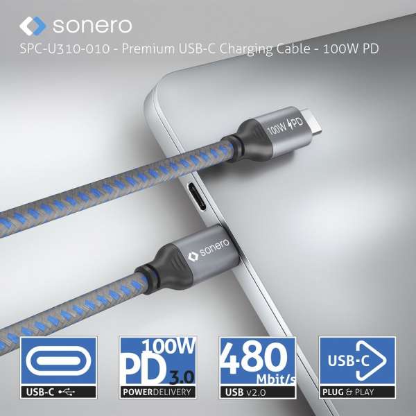 USB-C auf USB-C Ladekabel - USB 2.0, 100W PD - grau/blau - 3,00m