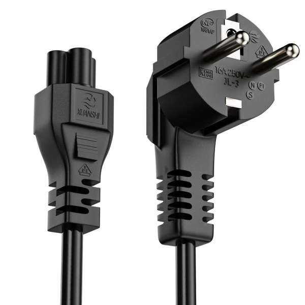 Netzkabel - Schutzkontakt Stecker 90° auf IEC Buchse (C5) gerade. Schwarz. 2,00m