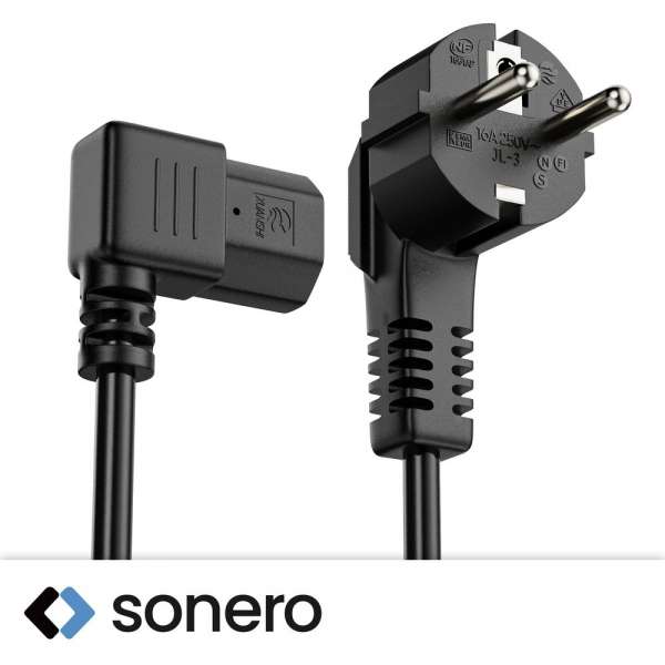 Netzkabel - Schutzkontakt Stecker 90° auf IEC Buchse (C13) 90° rechts abgewinkelt. Schwarz. 5,00m