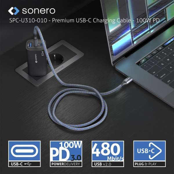 USB-C auf USB-C Ladekabel - USB 2.0, 100W PD - grau/blau - 1,50m