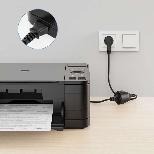 Netzkabel Verlängerung - Schutzkontakt Stecker 90° auf Sicherheits Buchse gerade. Schwarz. 3,00m