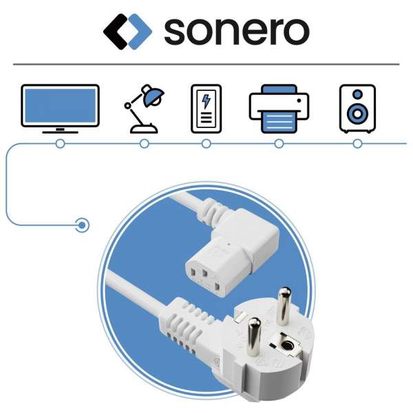 Netzkabel - Schutzkontakt Stecker 90° auf IEC Buchse (C13) 90° rechts abgewinkelt. Weiß. 1,00m