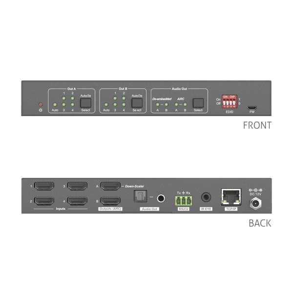 PureTools - 4x2 HDMI Matrix, 4K, HDR Digital und Analog Audio, ARC und RS232