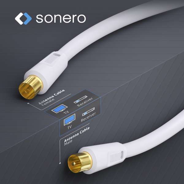 Sonero Antennenkabel IEC Stecker /IEC Buchse mit Ferrite 5,00m, weiß