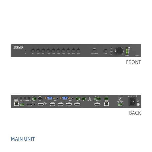 PureTools - Scaler Switcher 9x2, 4K, 3-Level MIC, HDMI & HDBT Ausgänge, Balanced Audio + Verstärker