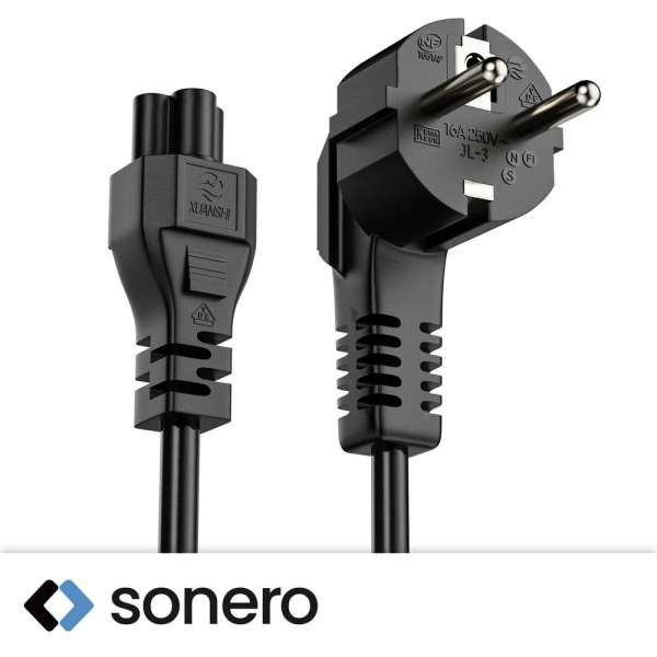 Netzkabel - Schutzkontakt Stecker 90° auf IEC Buchse (C5) gerade. Schwarz. 2,00m