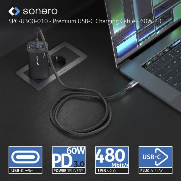 USB-C auf USB-C Ladekabel - USB 2.0, 60W PD - grau/schwarz - 1,00m