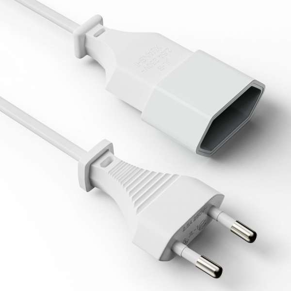 Netzkabel Verlängerung - Euro Stecker gerade auf Euro Buchse gerade. Weiß. 5,00m
