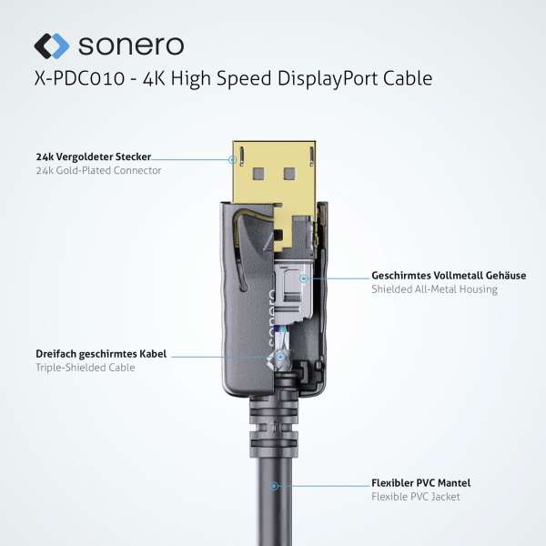 Sonero DisplayPort 1.2v Kabel, 4K60, 30AWG, schwarz, 3,00m