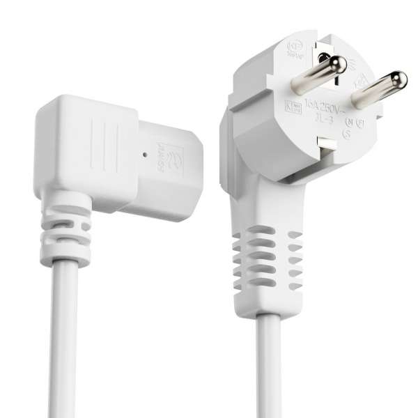 Netzkabel - Schutzkontakt Stecker 90° auf IEC Buchse (C13) 90° rechts abgewinkelt. Weiß. 2,00m