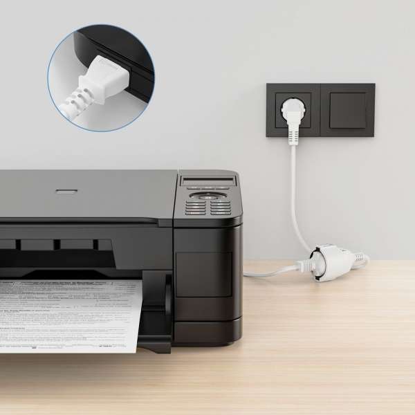 Netzkabel Verlängerung - Schutzkontakt Stecker 90° auf Sicherheits Buchse gerade. Weiß. 15,0m