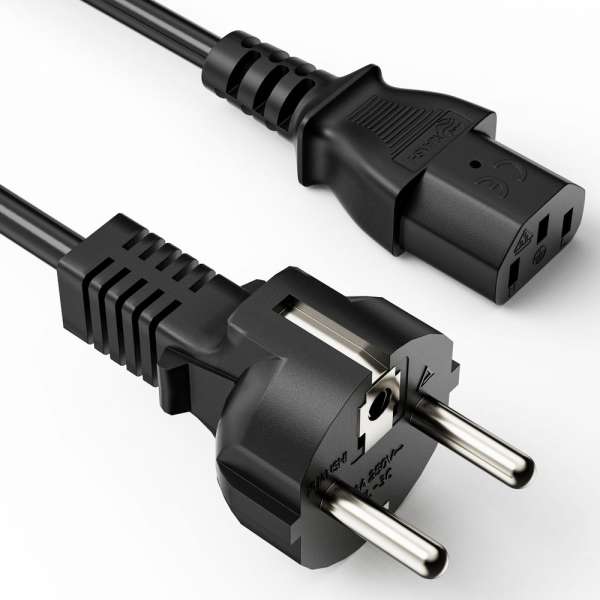Netzkabel - Schutzkontakt Stecker gerade auf IEC Buchse (C13) gerade. Schwarz. 2,00m