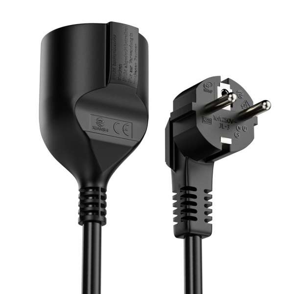 Netzkabel Verlängerung - Schutzkontakt Stecker 90° auf Sicherheits Buchse gerade. Schwarz. 2,00m
