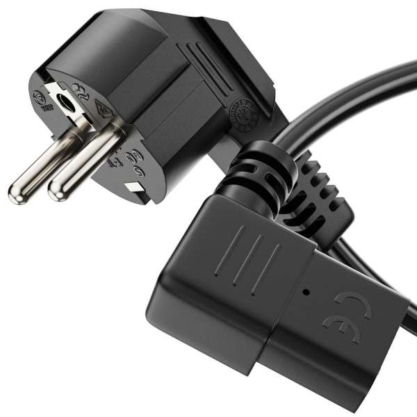 Netzkabel - Schutzkontakt Stecker 90° auf IEC Buchse (C13) 90° rechts abgewinkelt. Schwarz. 1,00m