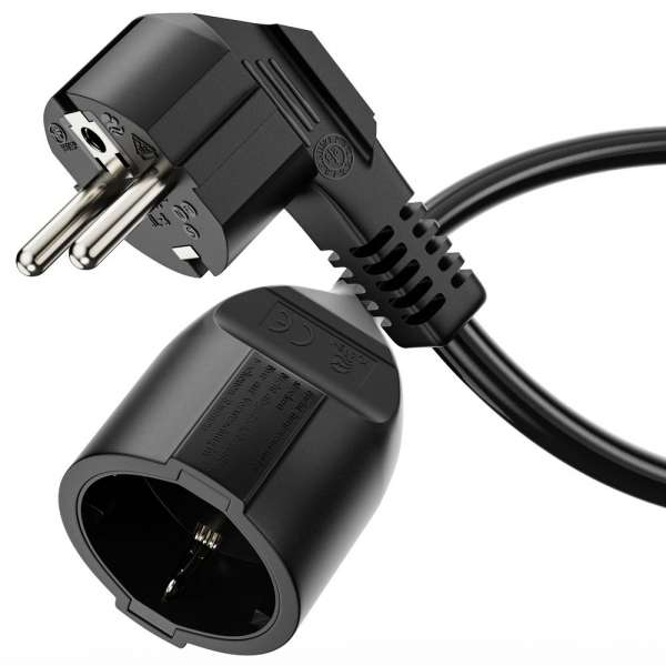 Netzkabel Verlängerung - Schutzkontakt Stecker 90° auf Sicherheits Buchse gerade. Schwarz. 15,0m