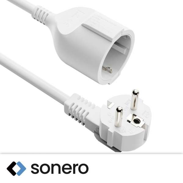 Netzkabel Verlängerung - Schutzkontakt Stecker 90° auf Sicherheits Buchse gerade. Weiß. 2,00m
