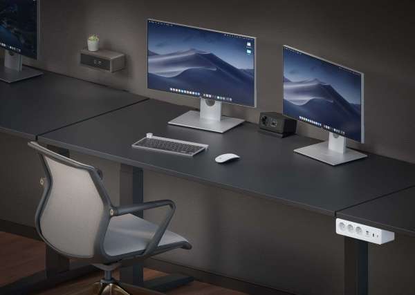 mediahub2 - 10 -Slot, freistehend, On-Table Design - space-grey Gehäuse und mattschwarze Module. 3 Steckdosen + 4 Leerplätze. Buchse - DE. Stecker - Wieland GST18