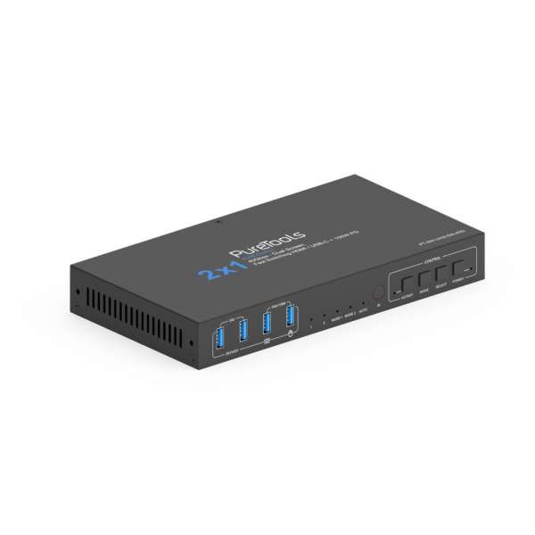 PureTools - 2x1 HDMI 2.1 Dual Screen KVM Switch - 40Gbps - Dual Screen, Quad USB, schnelles Switchen HDMI / USB-C + 100W PD