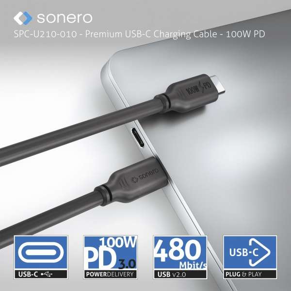 USB-C auf USB-C Ladekabel - USB 2.0, 100W PD - schwarz - 2,00m