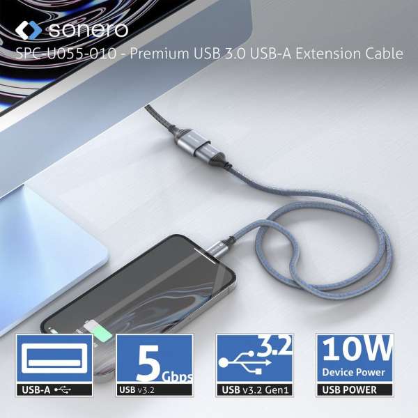 sonero USB 3.0 Kabel - A/A Verlängerung - Aluminium - space grey/schwarz - 0,50m