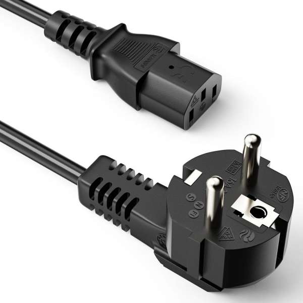 Netzkabel - Schutzkontakt Stecker 90° auf IEC Buchse (C13) gerade. Schwarz. 1,00m