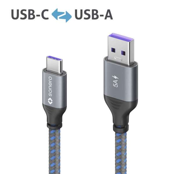 USB-C auf USB-A Ladekabel - USB 2.0, Super-Fast Charge 5V/5A - grau/blau - 0,50m