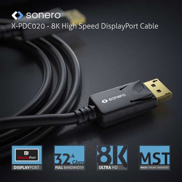 Sonero DisplayPort 1.4v Kabel, 8K60, 30AWG, schwarz, 2,00m